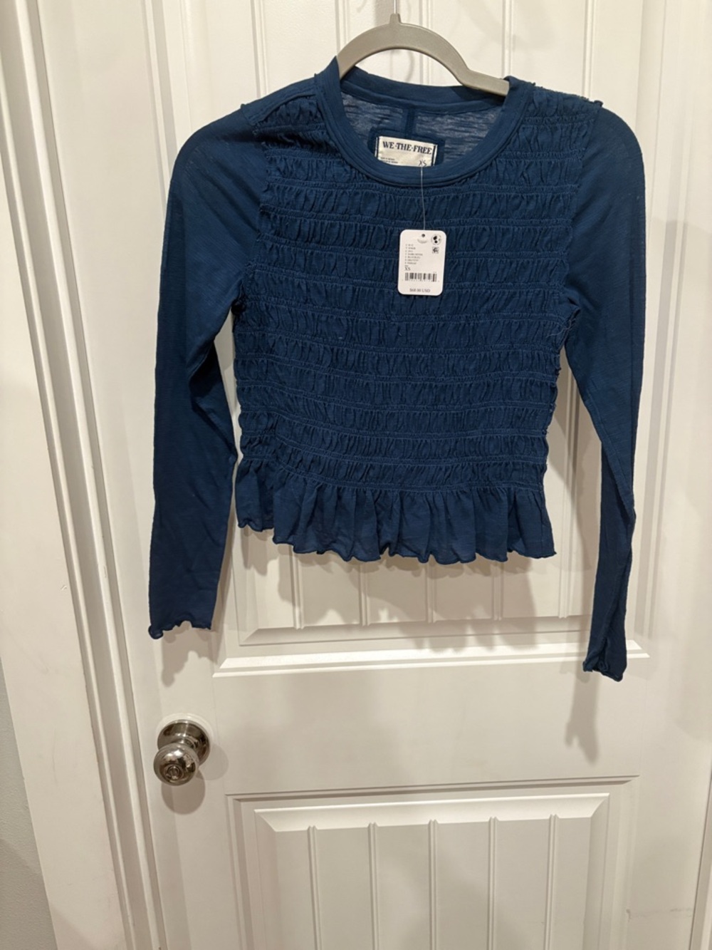 We The Free Deep Navy Smocked Ruffle-Hem Long Sleeve Top